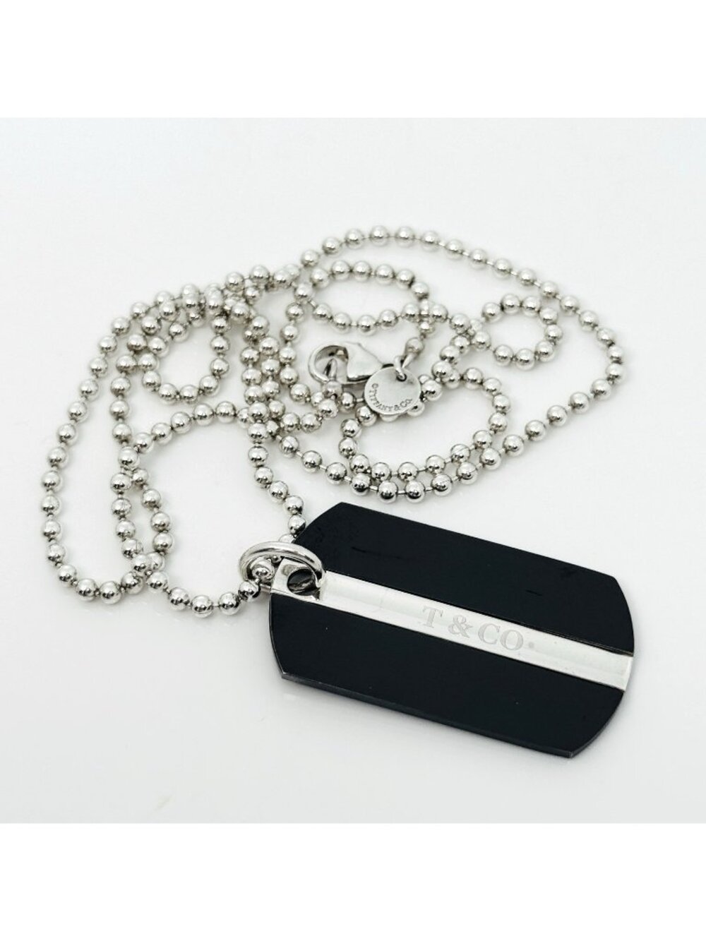 24" Tiffany T&CO Dog Tag Pendant Bead Chain Necklace in Black Titanium & Silver